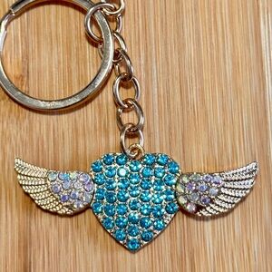 Heart and Wings Bag Charm BLUE & AB Rhinestones Keychain Bling Gold Tone NEW NIP